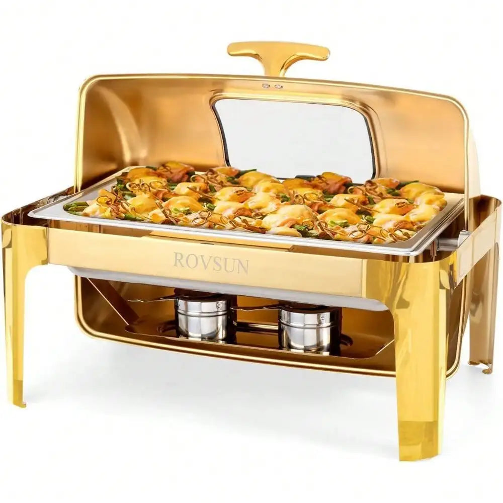Gold 9 Quart Roll Top Chafing Dish Buffet Set Stainless Steel With Fuel Holder
