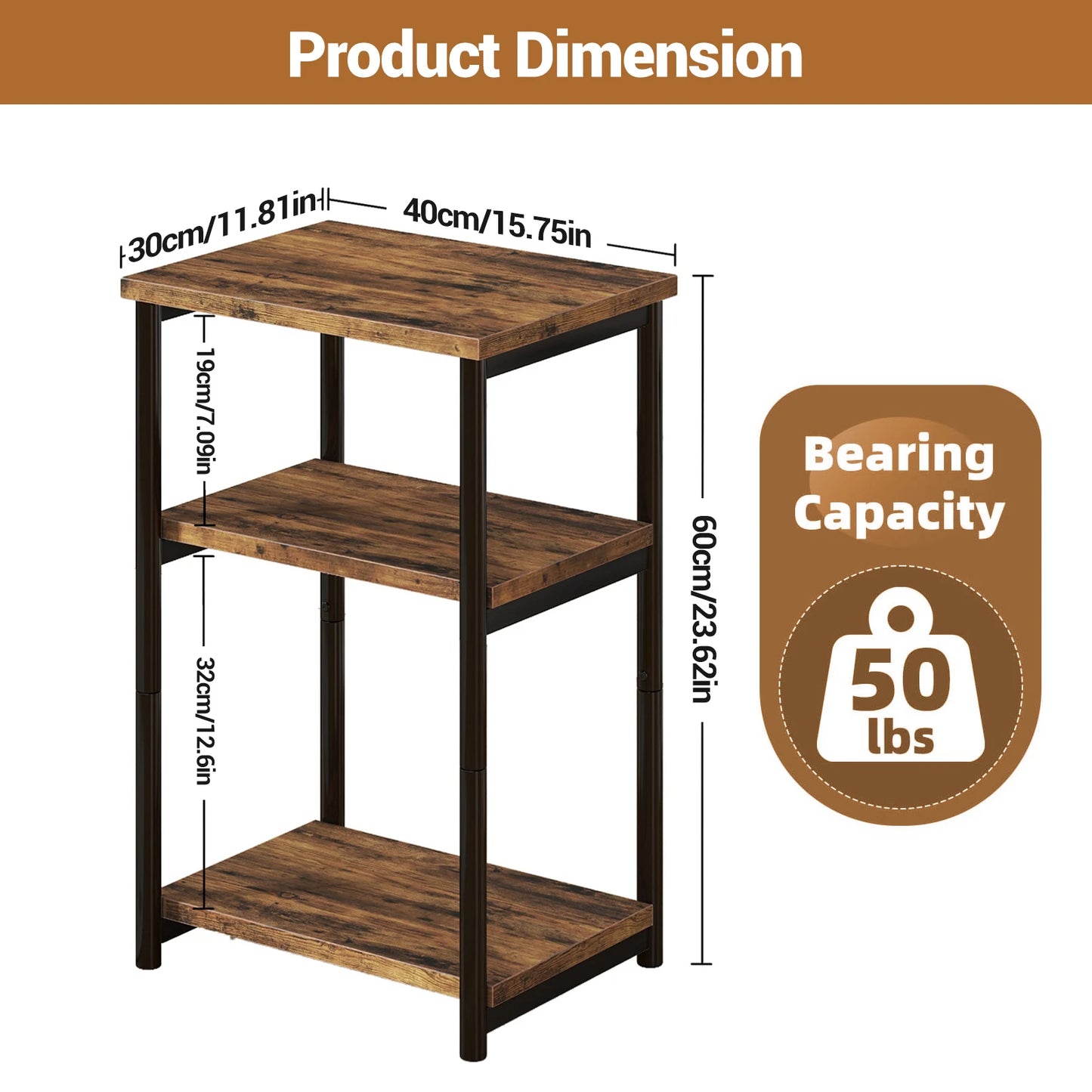 3 Tier End Table With Storage Shelves Rustic Narrow Sofa Side Table Metal Frame