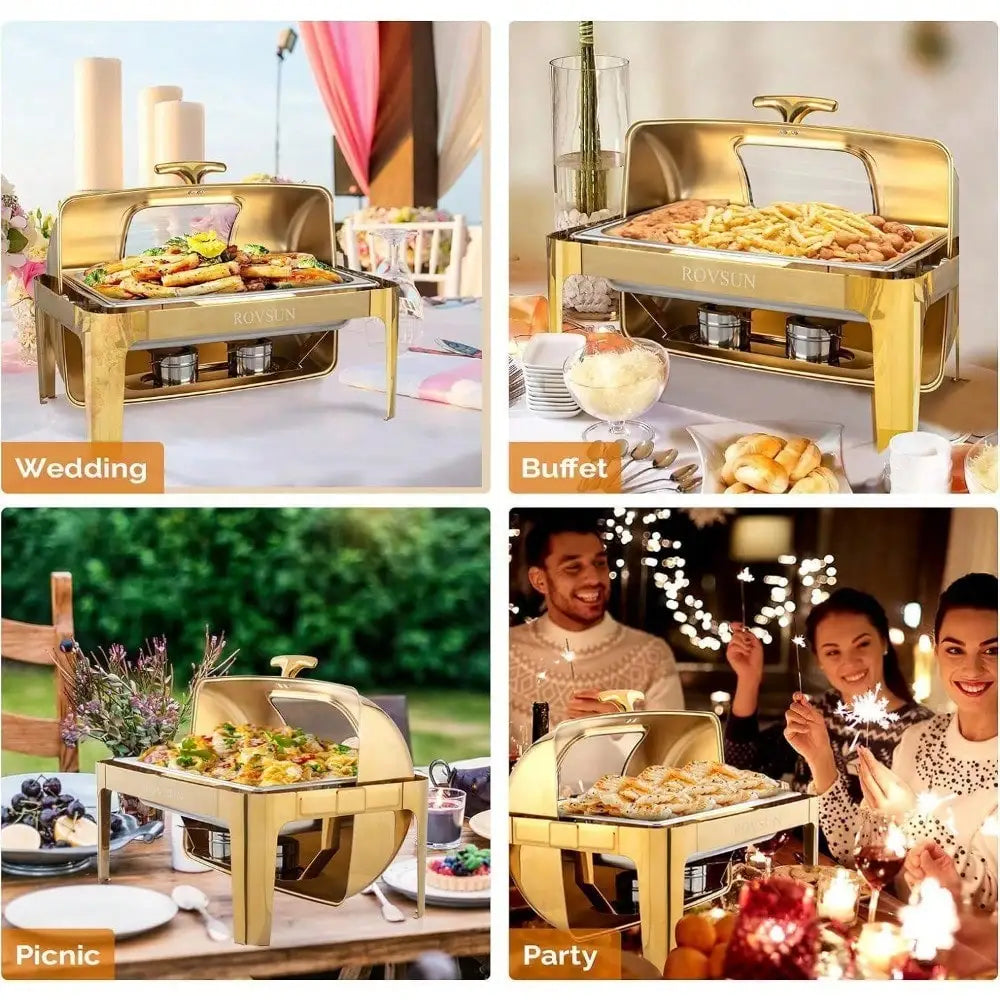 Gold 9 Quart Roll Top Chafing Dish Buffet Set Stainless Steel With Fuel Holder