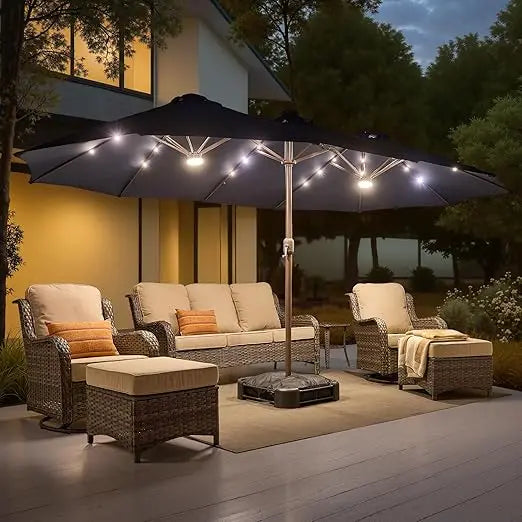 15ft Rectangle Double Sided Patio Umbrella With Base And 38 LED Solar Lights