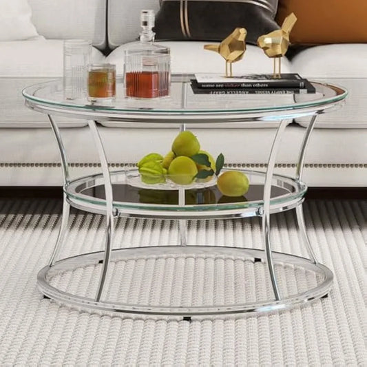 O&K FURNITURE Glass Coffee Table, 2-Tier Modern Living Room Table with Shelf, Tempered Glass & Chrome Frame, Silver Center Table