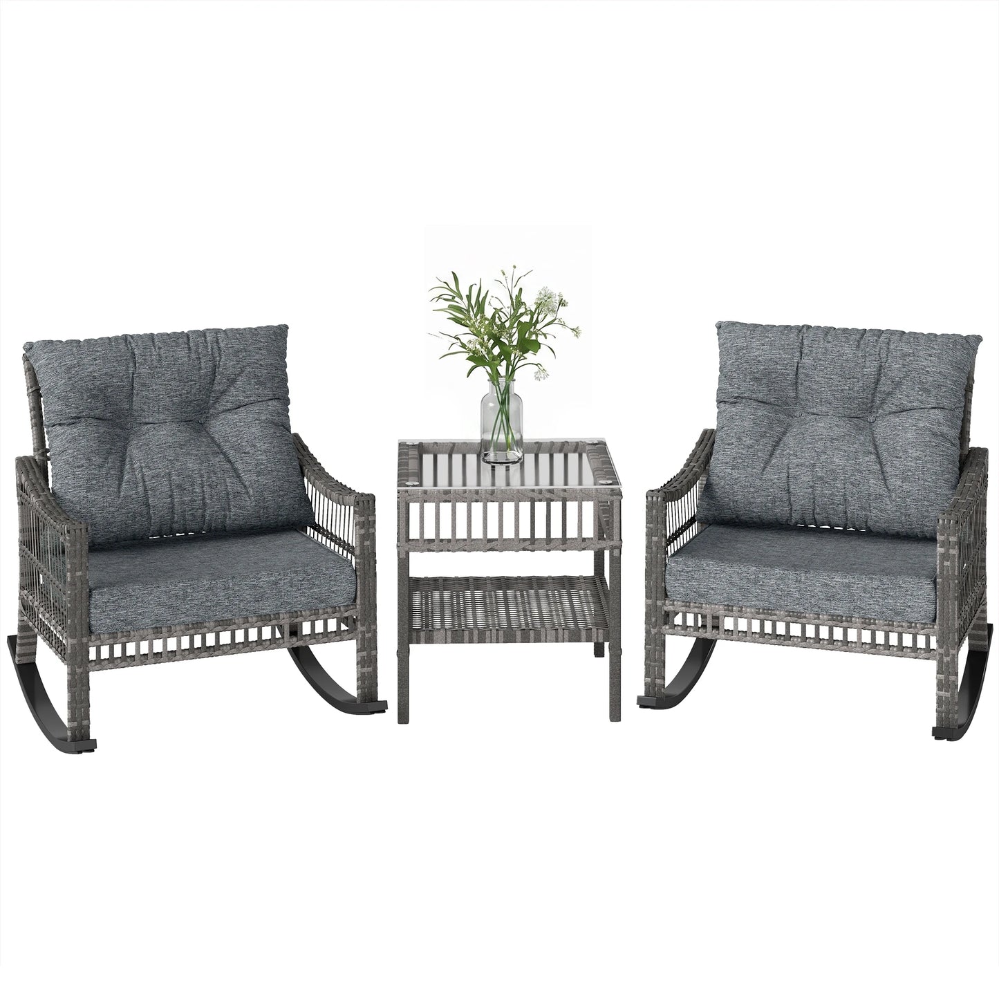 3 Piece Grey PE Rattan Outdoor Rocking Chair Set With Glass Table