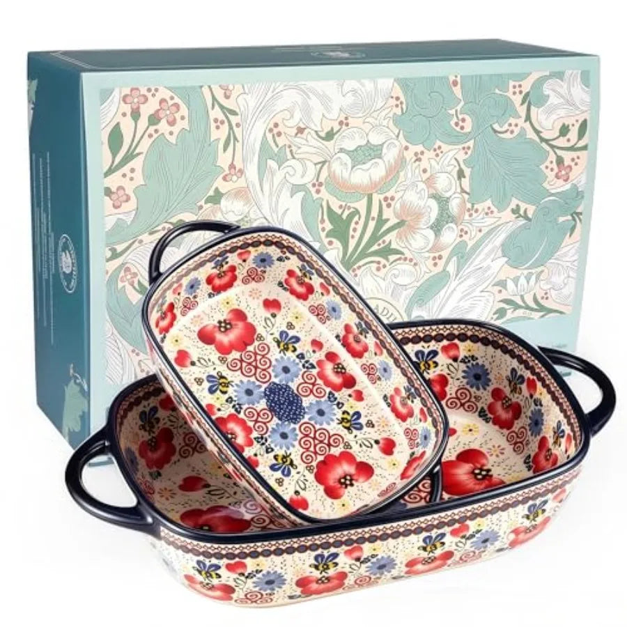 Polish Pottery Style Ceramic Baking Dish Set 2 Piece Floral Casserole Oven Safe