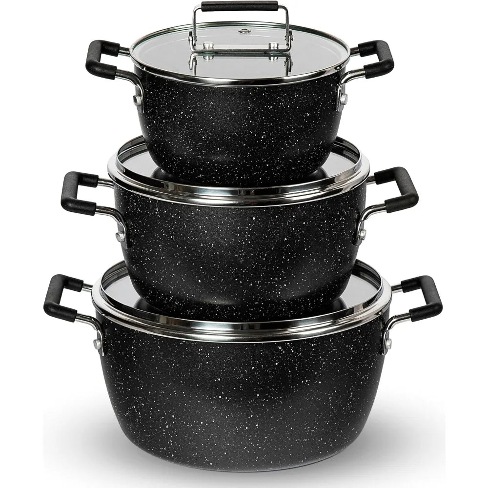 Granitestone Black Pots and Pans Set Nonstick, 6 Stackable Piece Cooking Pots Set, Kitchen Pots, Non Stick Coating, 5qt 3qt & 1