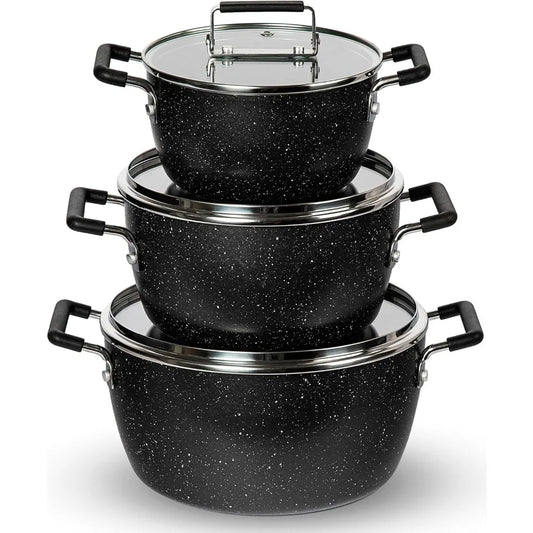 Granitestone Black Pots and Pans Set Nonstick, 6 Stackable Piece Cooking Pots Set, Kitchen Pots, Non Stick Coating, 5qt 3qt & 1