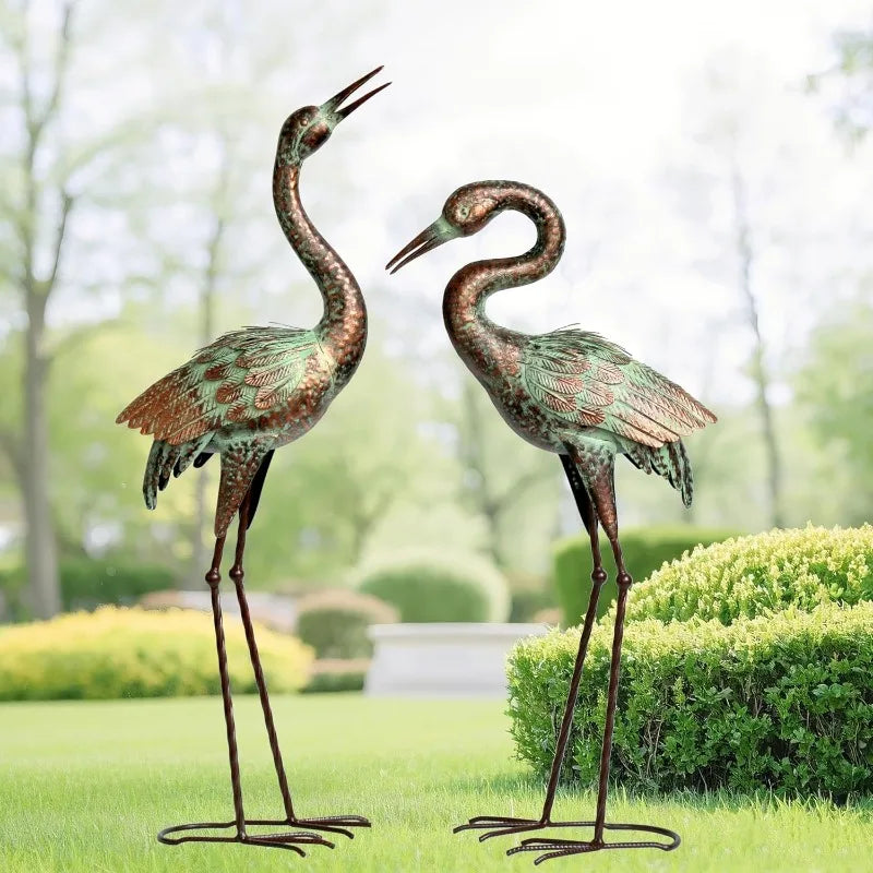 Metal Heron Sculpture with Patina Finish, Staked Garden Statue for Lawn, Pond & Landscape Decor