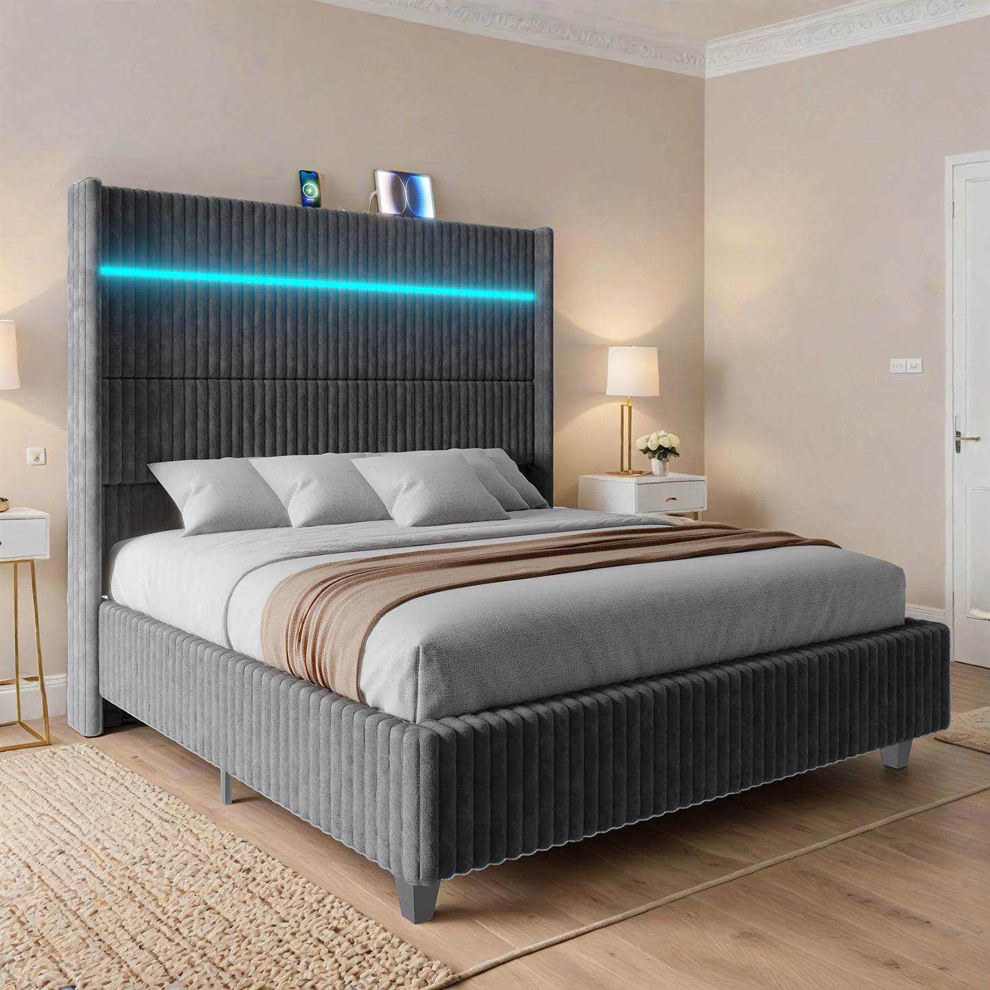 Luxoak Queen King Size LED Platform Bed Frame 60in Wingback Headboard And USB