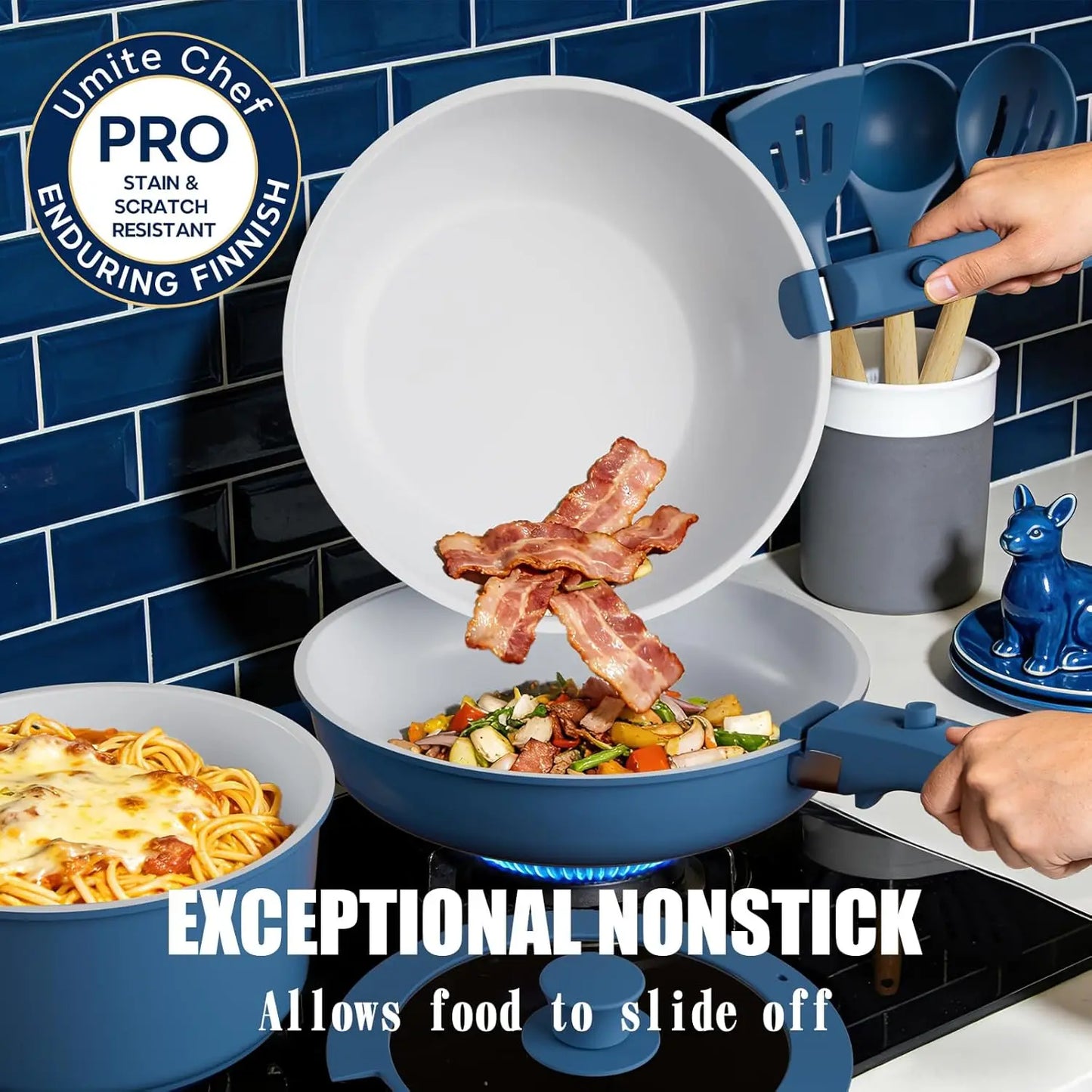 Nonstick Pots And Pans Set 21 Ceramic Cookware Detachable Handles Induction Navy