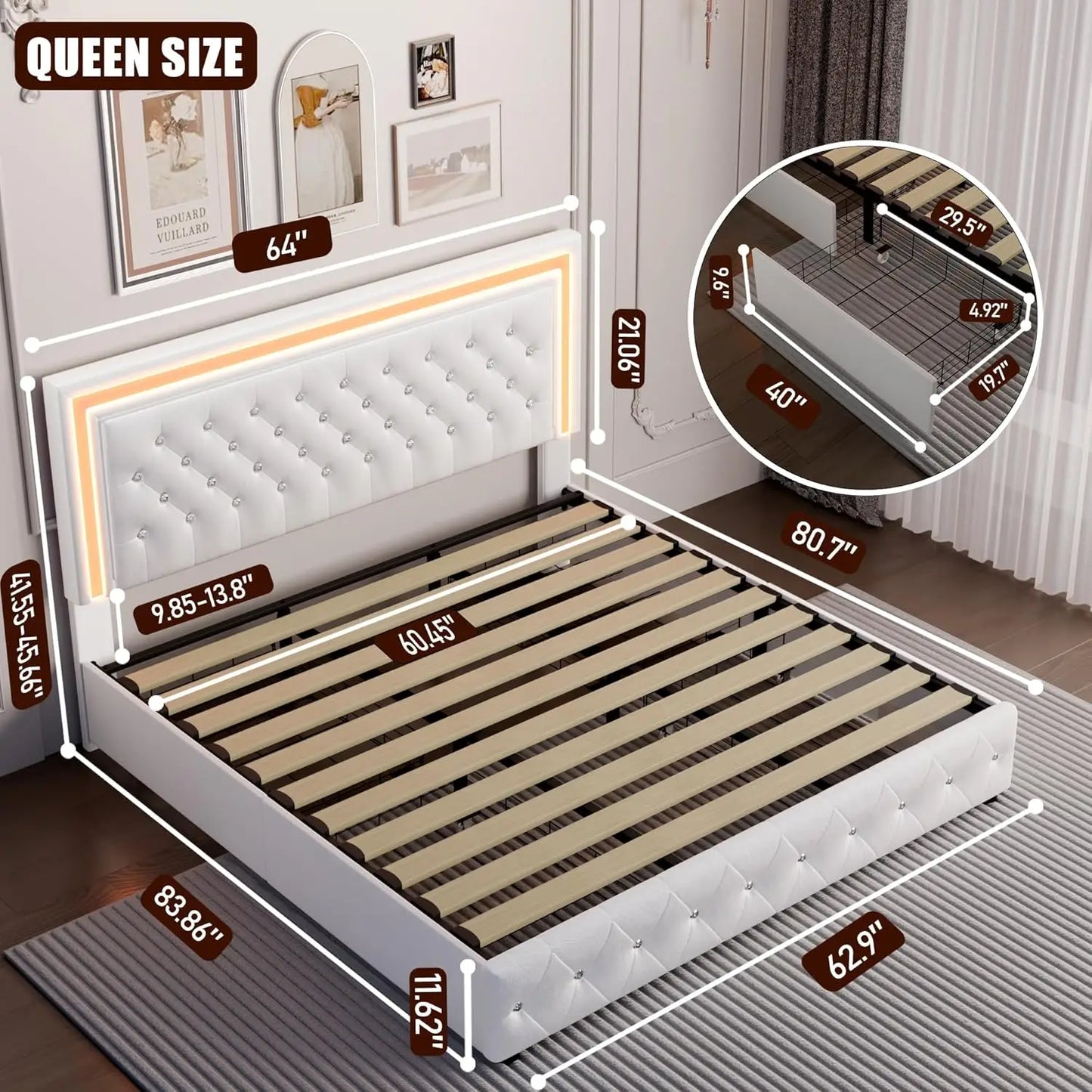 Queen Platform Bed With 4 Storage PU Leather No Box Spring Easy Assembly 900lbs