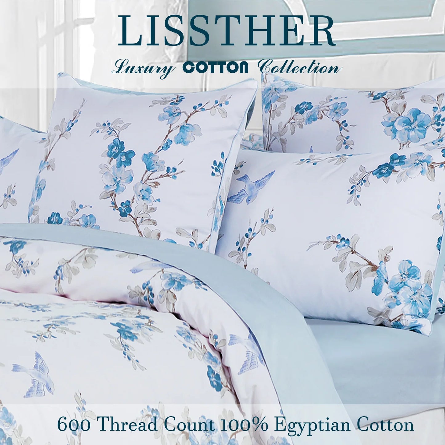 3Pcs 600TC 100 Percent Egyptian Cotton Duvet Cover Set Blue Watercolor Floral