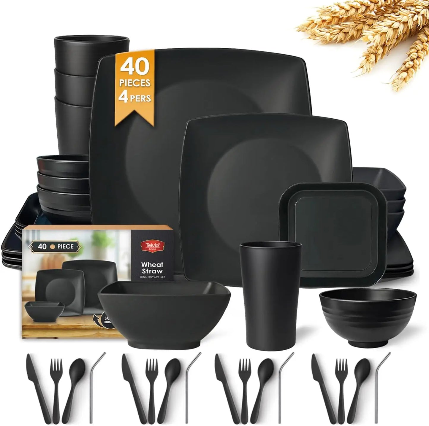 Square 40 Piece Plastic Dinnerware Set For 4 Unbreakable Dishwasher Safe Black