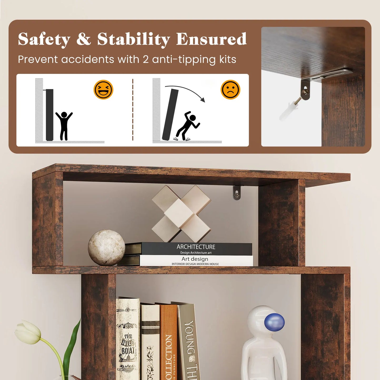 6 Tier S Shaped Geometric Storage Bookshelf With Anti Toppling Kits