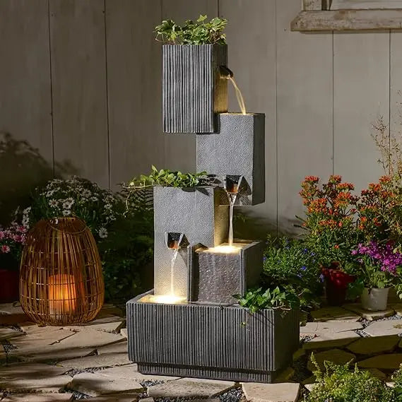 Outdoor Waterfall Fountain With Led Lights – 41.3" Tiered Resin Garden Fountain For Patio, Yard, Or Backyard