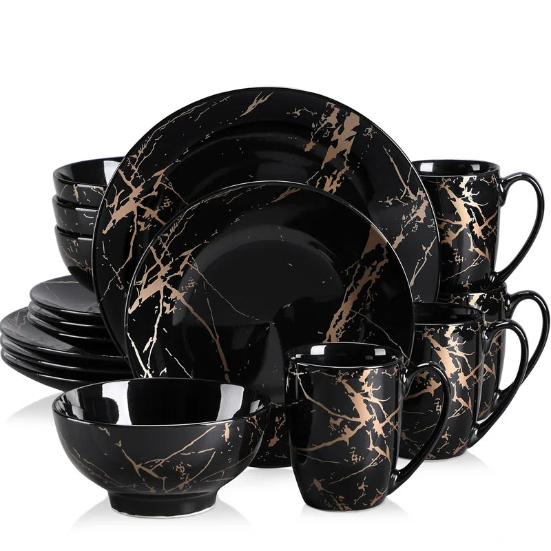 16 Piece Black Porcelain Set With Gold Splash Dinner Plates Bowls Coffee Cups