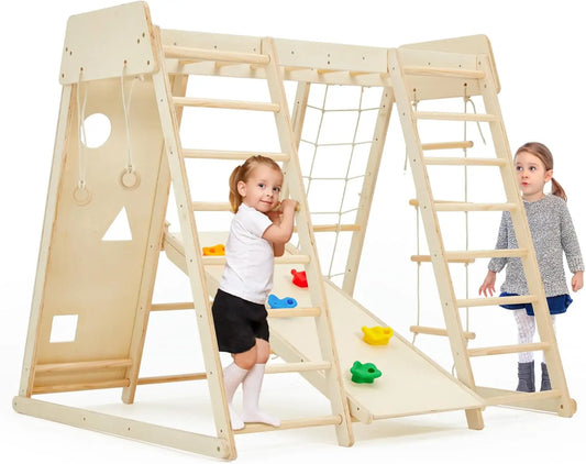 Indoor Jungle Gym, 9 in 1 Kids Indoor Playground, Climbing Toys for Kids with Climbing Wall, Slide, Monkey Bars, Rope Ladder and