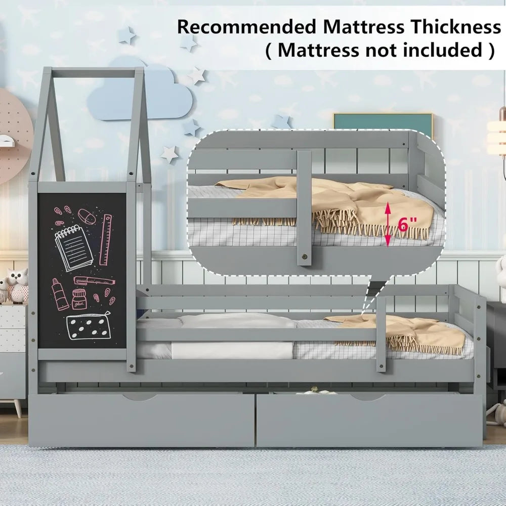 Twin Size Kids House Bed with Storage Drawers, Wooden Twin Bed Frame for Kids with Blackboard for Bedroom, Modern Montessori Twi