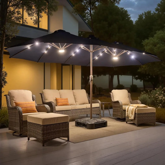 15ft Rectangle Double Sided Patio Umbrella With Base And 38 LED Solar Lights