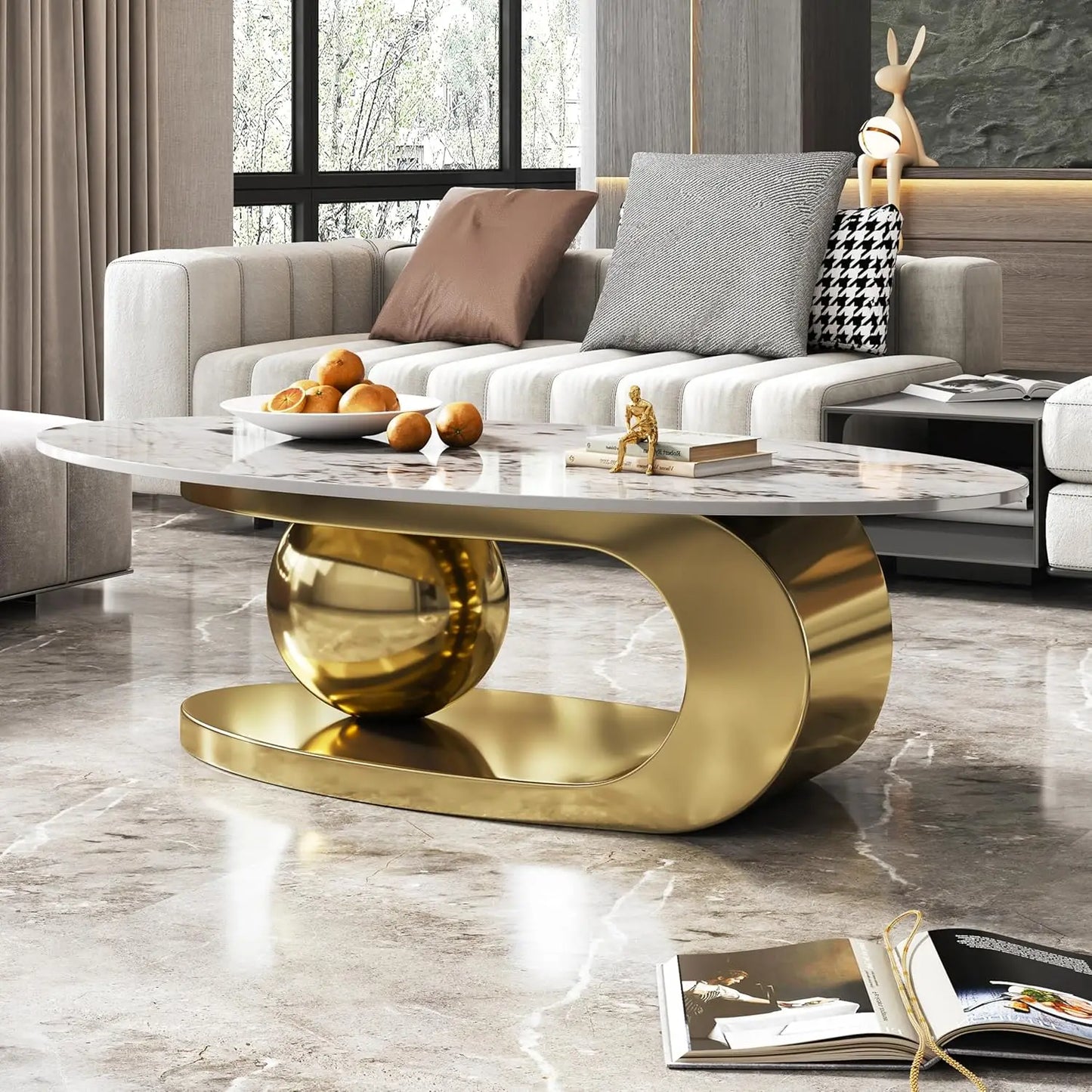 Modern Coffee Table With Silver Stainless Steel Pedestal Faux Marble Top