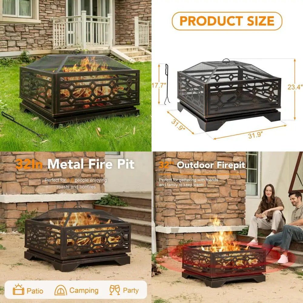 Large Square Outdoor Wood Burning Fire Pit With Mesh Cover