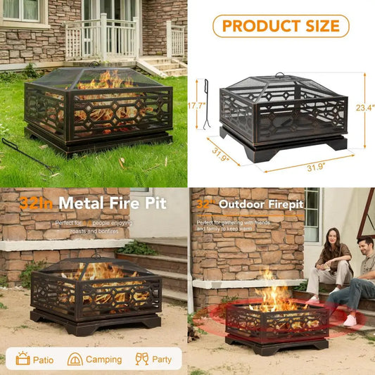 Large Square Outdoor Wood Burning Fire Pit With Mesh Cover