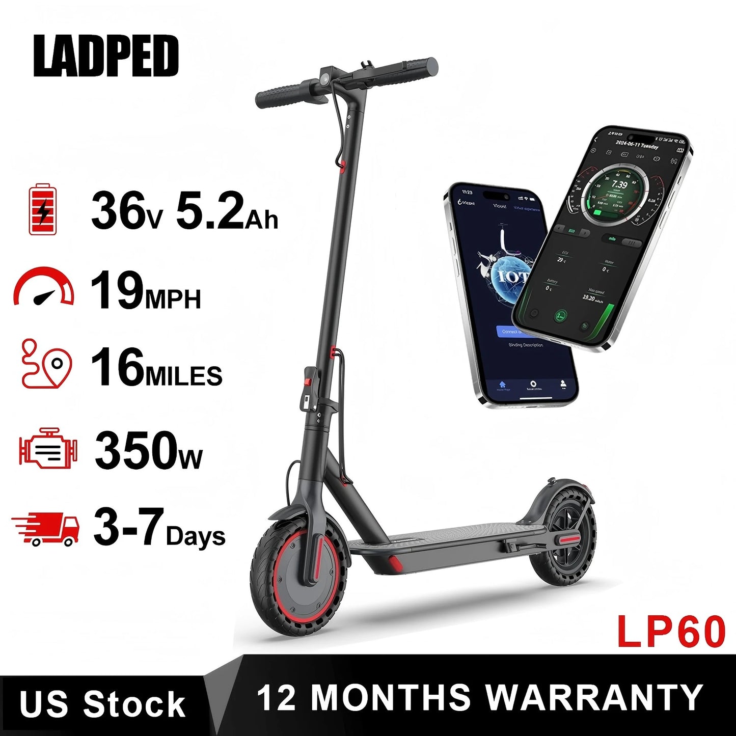 Ladped LP60 Electric Scooter 350W Foldable 19 MPH 8.5 Inch Tires 16 Mile Range