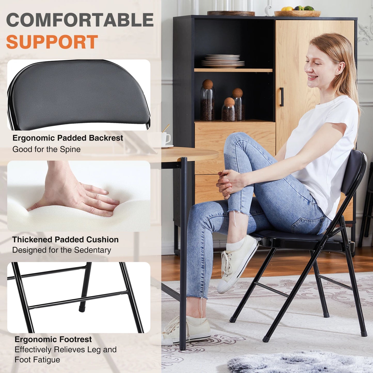 JHK Faux Leather Padded Folding Chairs 4 Pack Sturdy Metal Frame For Home Office