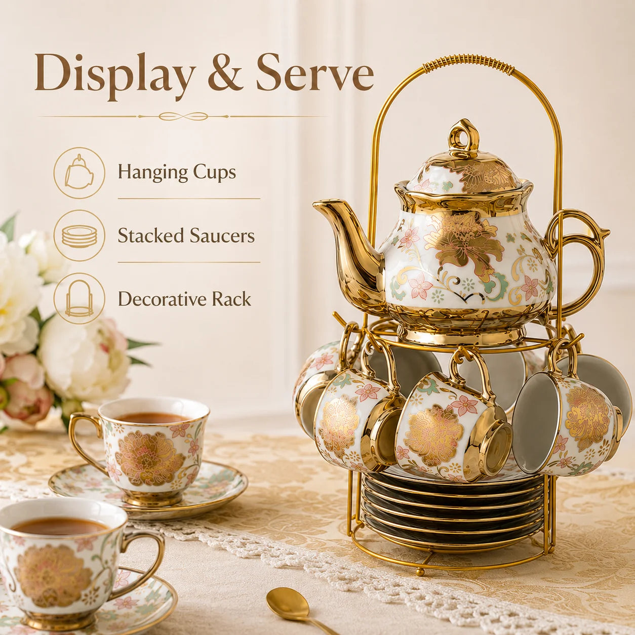 20PCS Ceramic Tea Set with Teapot Espresso Cups Saucers Spoons Display Rack Floral Gold Coffee Service Gift for Wedding Home