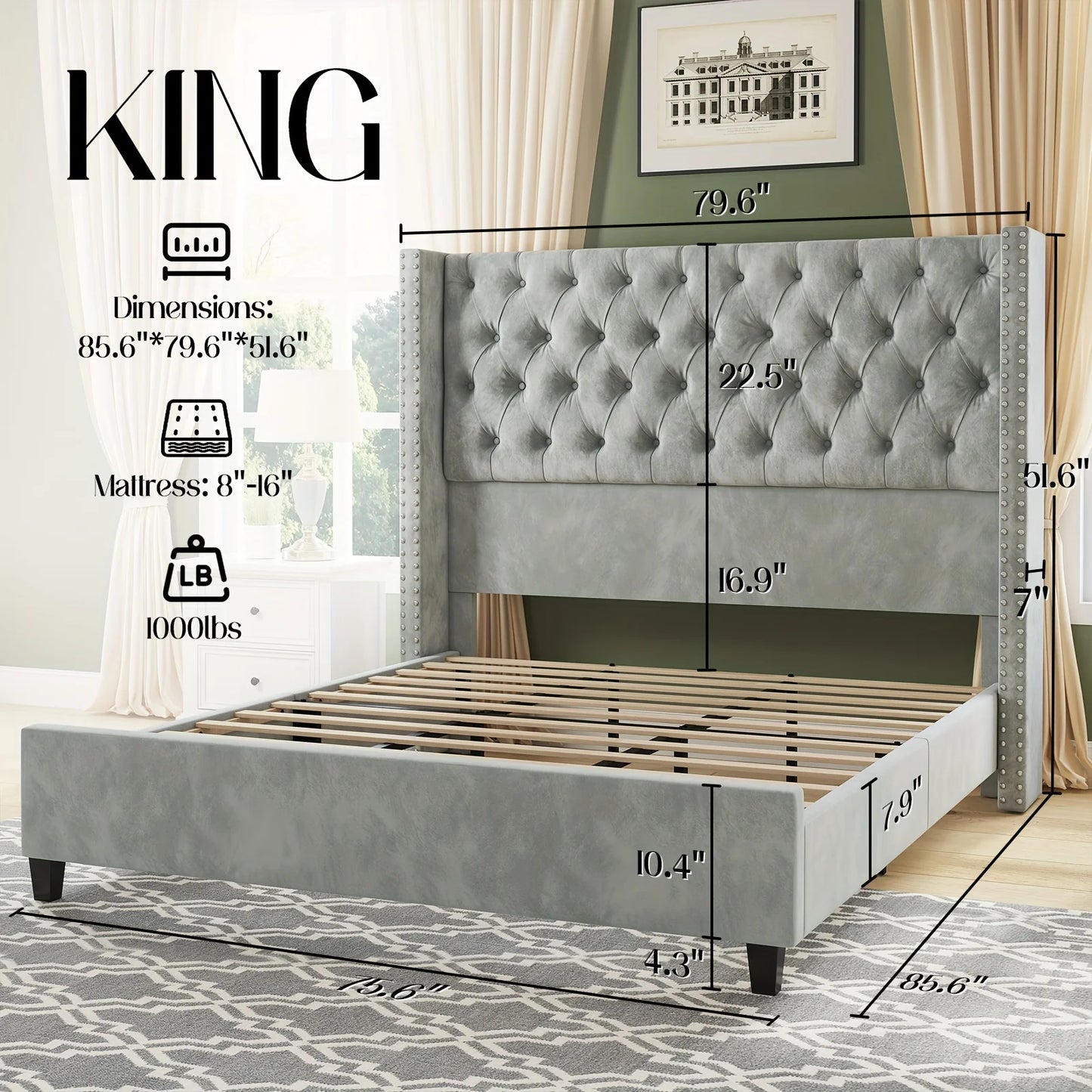 Papajet Velvet Bed Frame With 51.6 Inch Wingback Headboard Nailhead Detailing