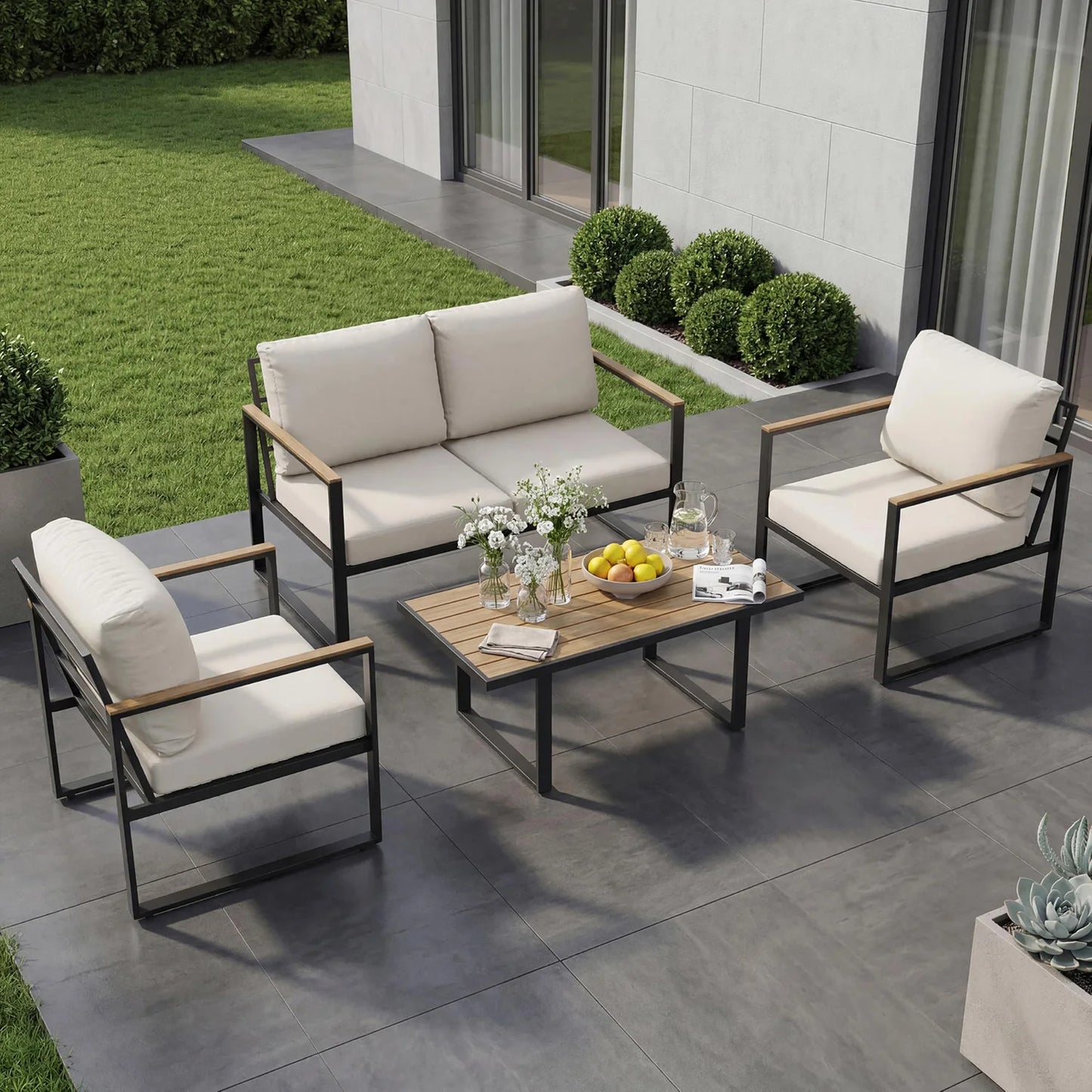 Modern 4 Piece Patio Furniture Set With Sectional Sofa And Coffee Table Cushions