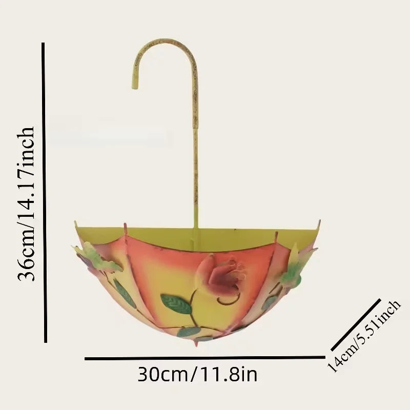 Farmhouse Umbrella-Shaped Wall-Mounted Metal Flower Basket Large Hanging Planter with Drainage Holes for Indoor/Outdoor Herbs Or Flowers Iron Art Decorative Plant Stand