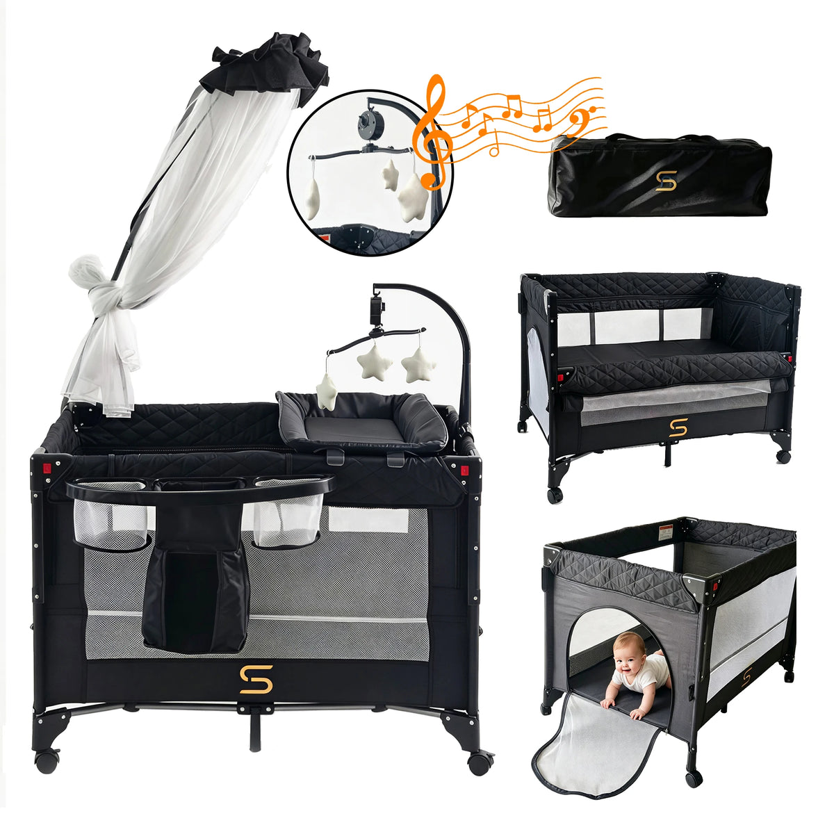 Steanny Pack n Play, All-in-one Playard with Bassinet,Pack and Play,Bedside Sleeper Fodble Travel Cribs with 4Wheels, Changeing Table,Mosquito Net,Toys Bars with Music, Unisex Playpen Combo Bassinet