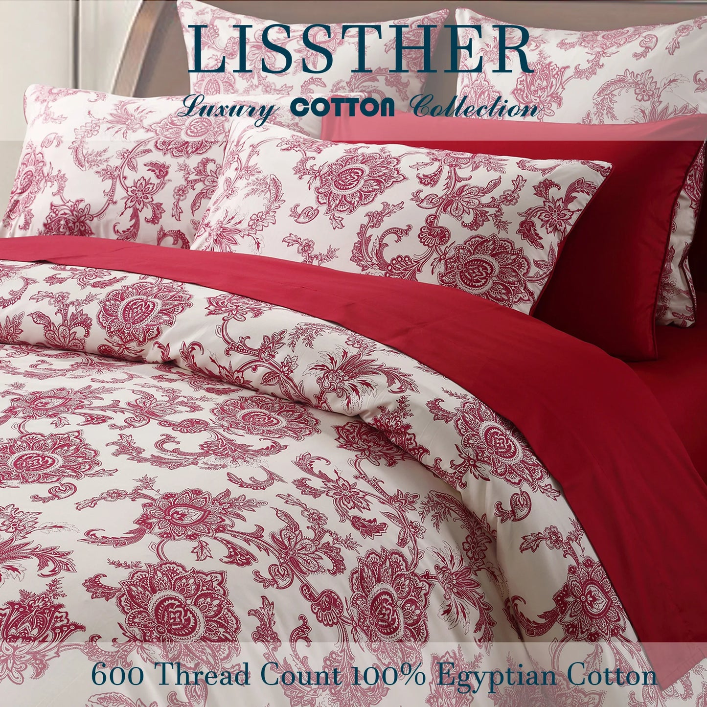 3Pc 600TC 100 Percent Egyptian Cotton Duvet Cover Set Vintage Red Floral Moire
