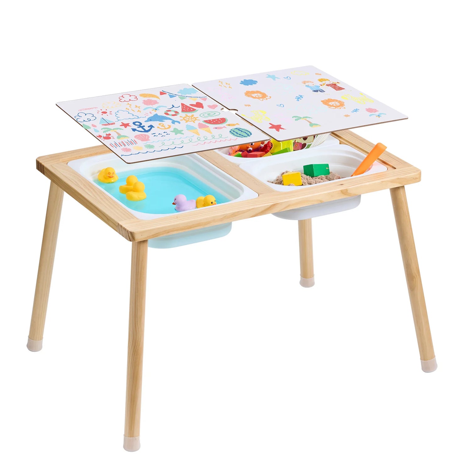 SucceBuy Wooden Sensory Table for Kids Activity with 3 Foldable Storage Bins & Double-Sided Board Indoor/Outdoor for Studying