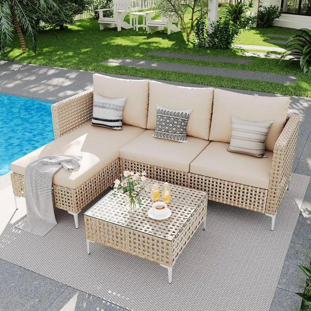 All-Weather Outdoor Furniture Set: 3pc Rattan Sofa with Cushions, Glass Table for Garden & Poolside