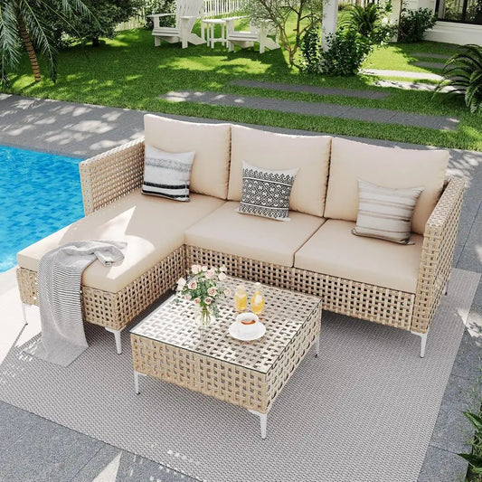 All-Weather Outdoor Furniture Set: 3pc Rattan Sofa with Cushions, Glass Table for Garden & Poolside