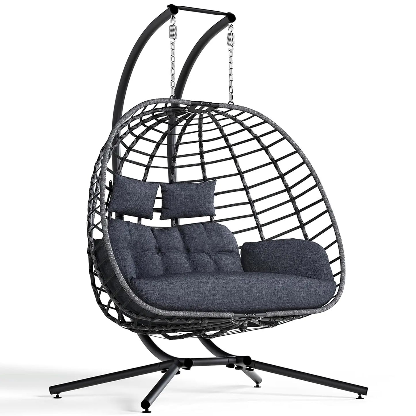 Double Egg Swing Chair With Stand Outdoor Patio 2 Person Wicker Hammock Cushions