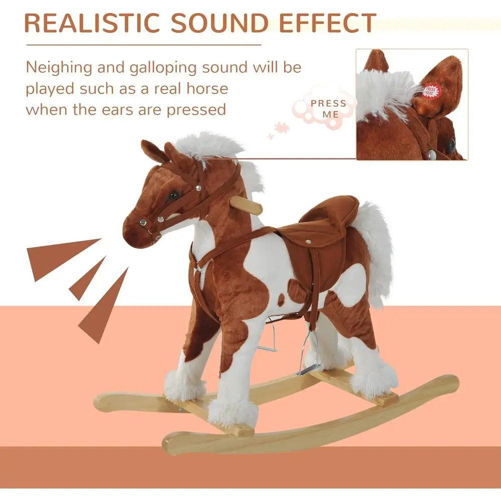 Toddler Ride On Wooden Rocking Horse Plush Seat Nursery Rhyme Music Brown