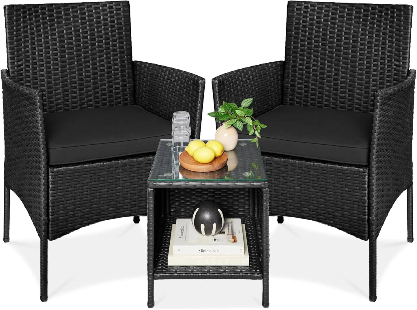 3-Piece Outdoor Wicker Conversation Bistro Set, Space Saving Patio Furniture for Garden w/Side Table