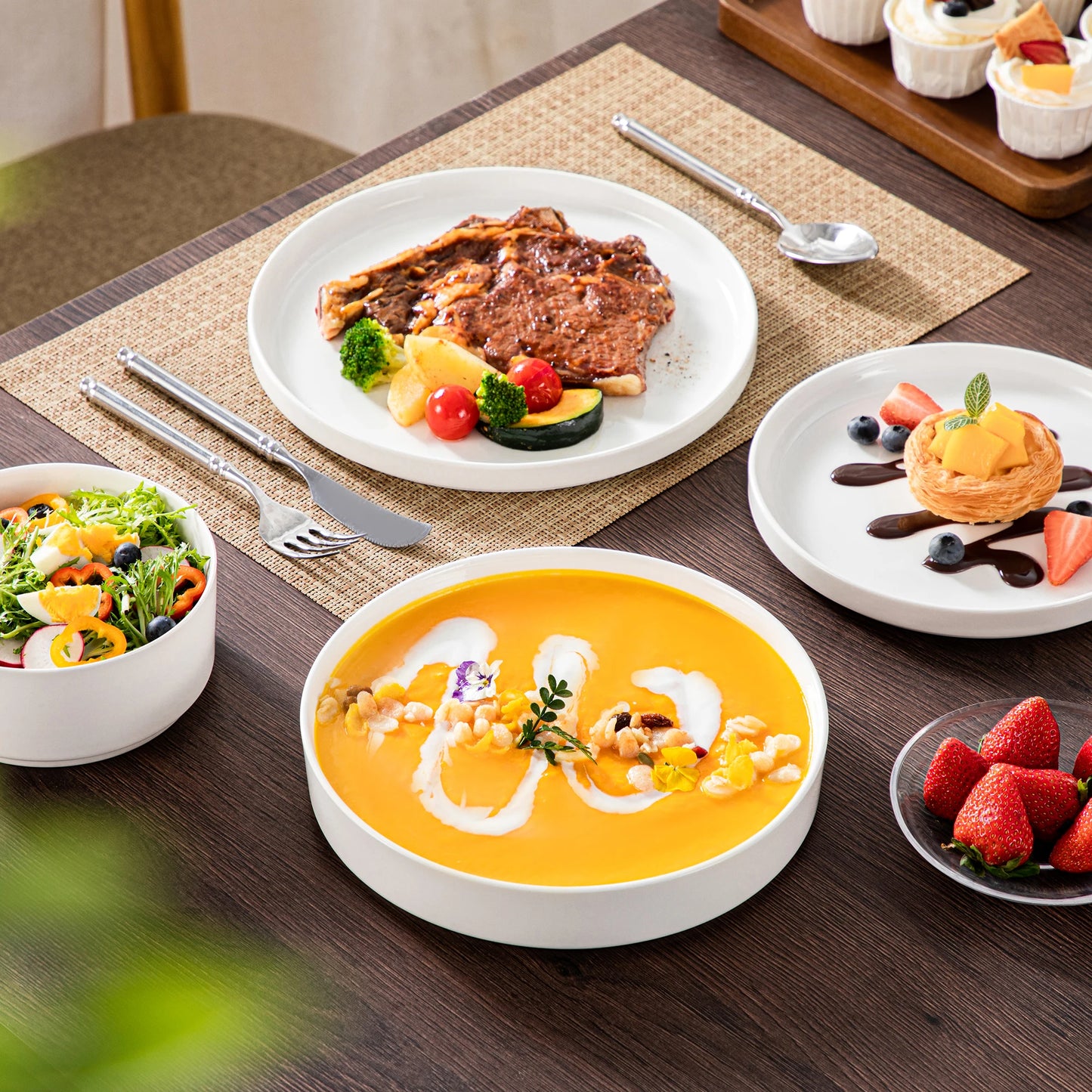 Malacasa Ceramic Dinner Plate Set Black Rim Half Standing Edge Design