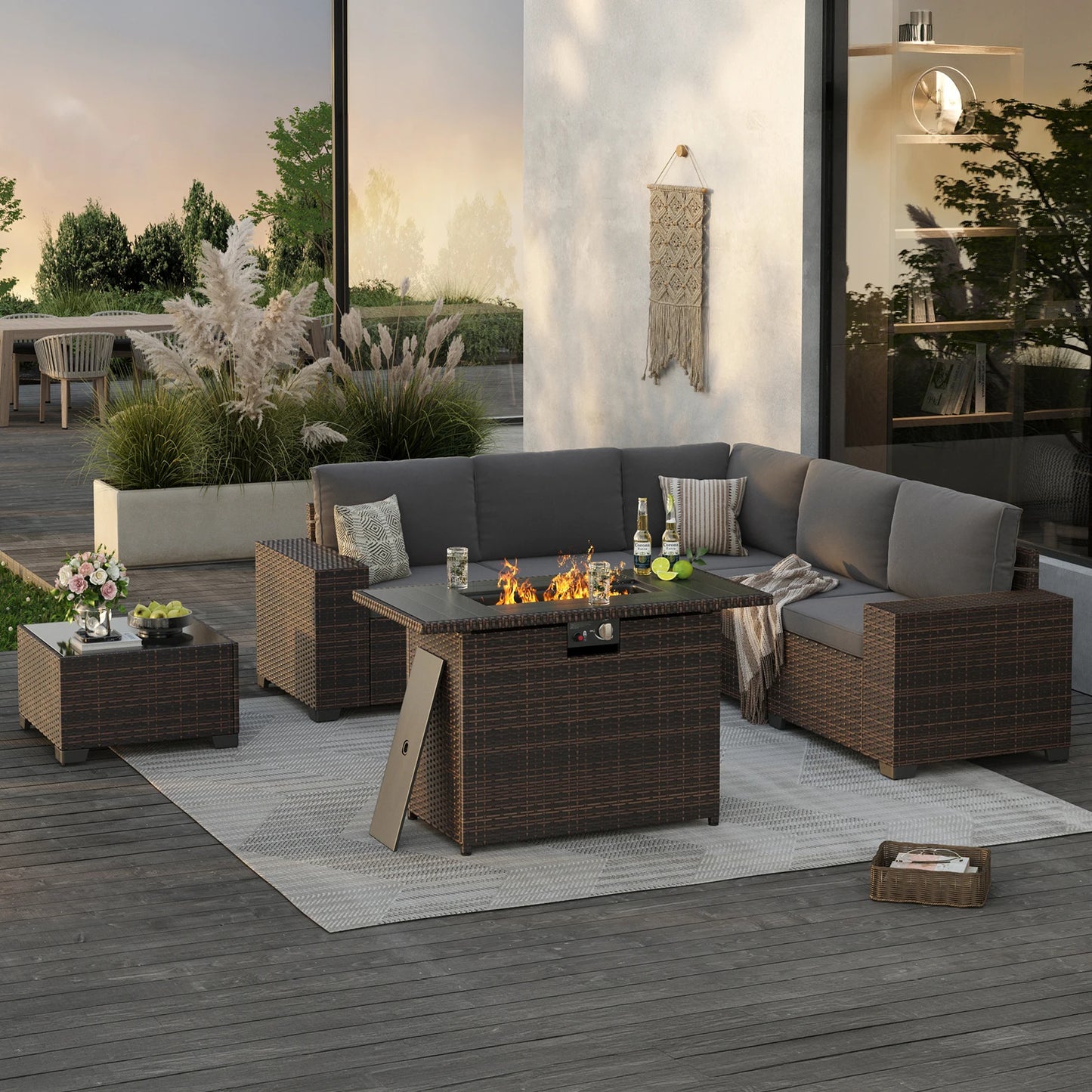 7 Piece Patio Furniture Set With 44 Inch Fire Pit Table Outdoor Rattan Sectional