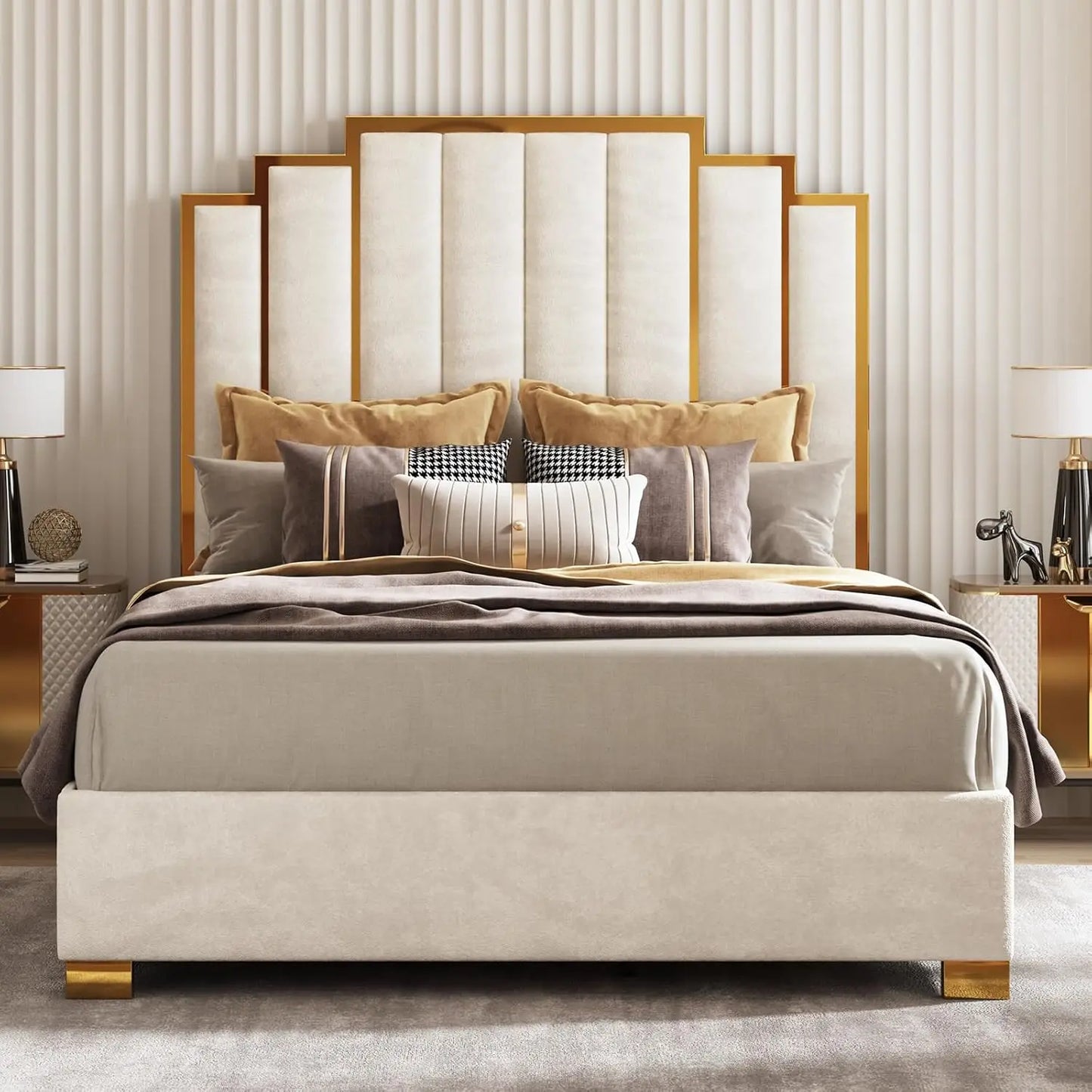 Cream Velvet Upholstered Bed Frame With Tall Gold Trim Headboard No Box Spring