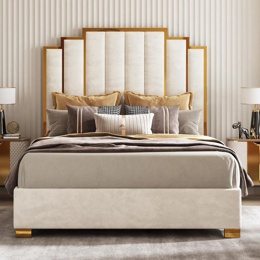 Cream Velvet Upholstered Bed Frame With Tall Gold Trim Headboard No Box Spring