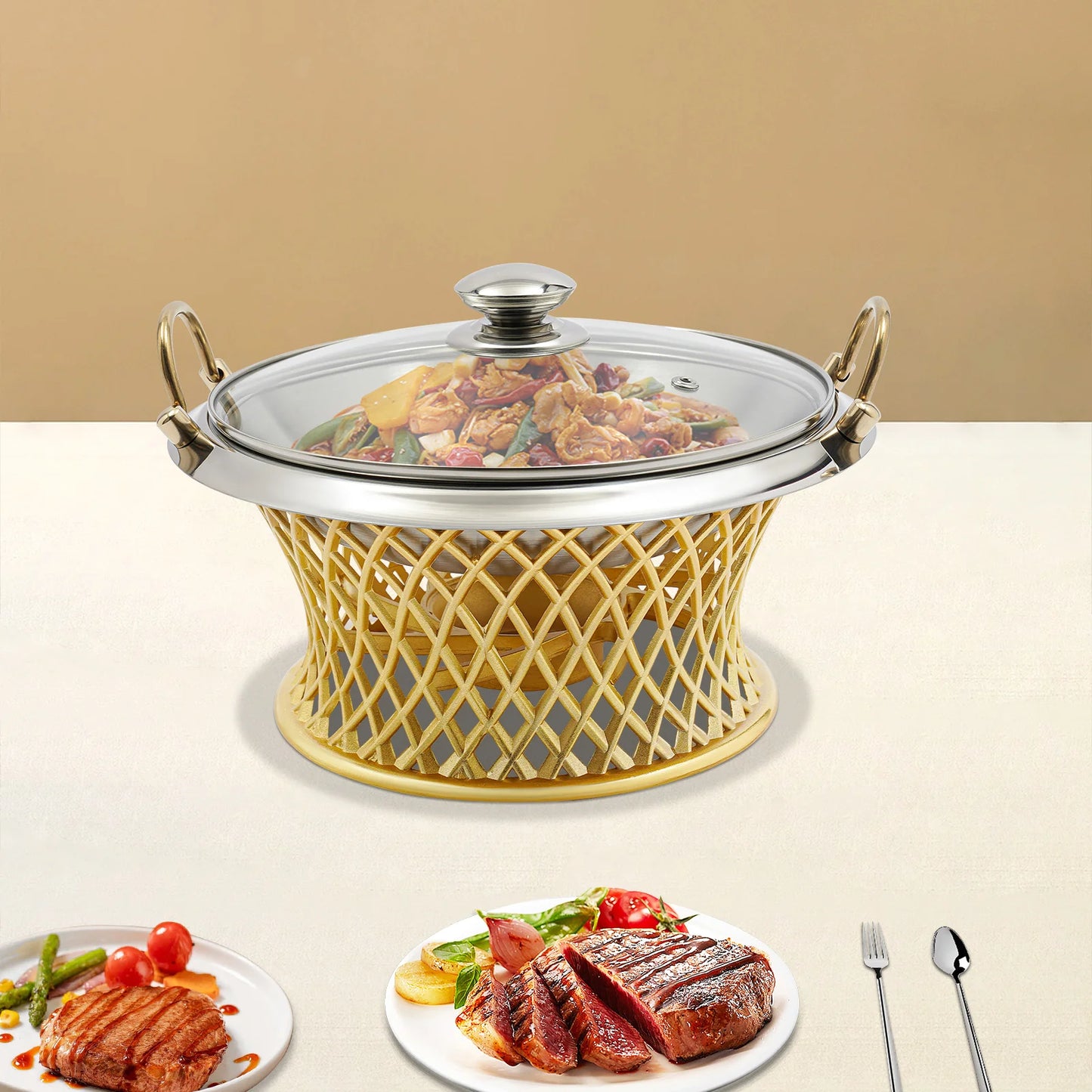 Round Buffet Chafing Dish With Lid 24cm Stainless Steel For Wedding Party