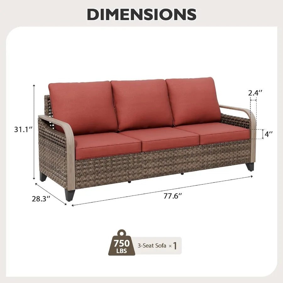 3 Seat Wicker Outdoor Patio Sofa Loveseat Brown And Red Rattan