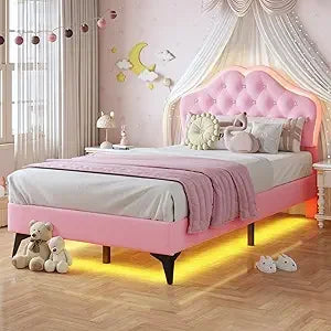 Twin Size Pink Upholstered Bed For Girls With Adjustable Headboard And LED Lights