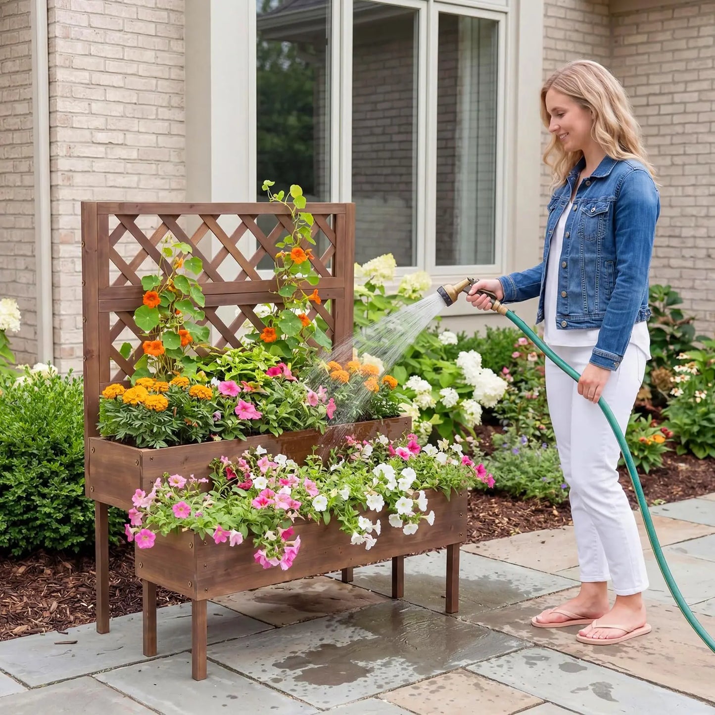 Wooden Raised Garden Bed with Trellis, 2-Tier Outdoor Elevated Planter Box with Legs & Drain Holes, Outdoor Gardening Planters