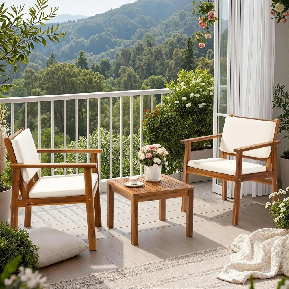 Flamaker 3 Piece Acacia Wood Patio Furniture Set With Coffee Table Cushions