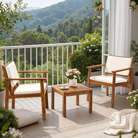 Flamaker 3 Piece Acacia Wood Patio Furniture Set With Coffee Table Cushions