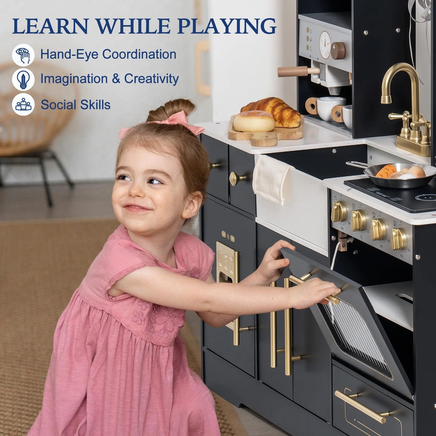 ROBOTIME Wooden Play Kitchen Toy Kitchen Set with Ice Maker and Coffee Machine Realistic Kitchen Set Gift for Toddlers