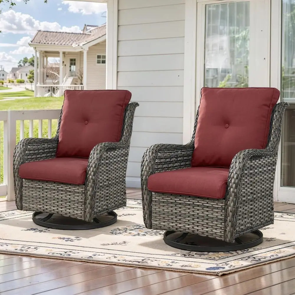 Red Swivel Wicker Patio Chairs Set of 2 with Cushions for Outdoor Deck, Balcony, Backyard